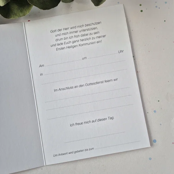 Kommunion Einladungskarte, handillustrierte Karte mit Hostie- Motiv